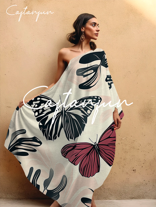 One-shoulder Abstract Butterfly Art Flowing Cotton And Linen Kaftan