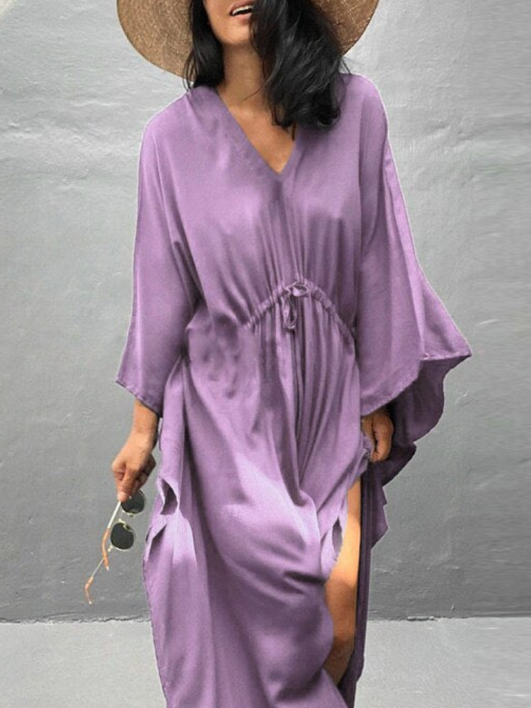 Womens V Neck Long Sleeve Solid Pattern Kaftan Maxidress