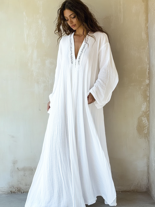 Women's White Art Linen V Neck Robe