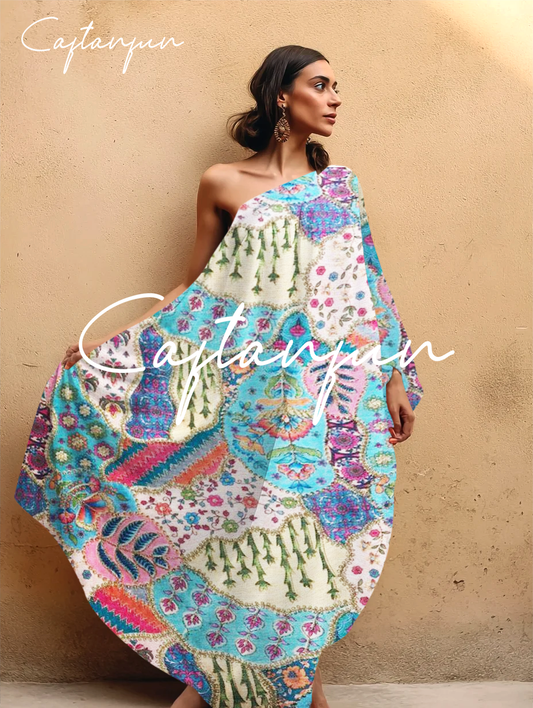 One-shoulder Abstract Flower Art Flowing Cotton And Linen Kaftan