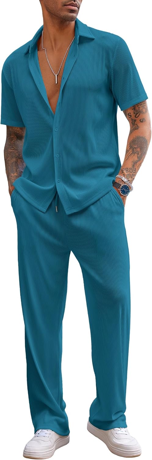 Men's 2 Piece Outfit Casual Short Sleeve Button Down Shirt Beach Summer Loose Pant Sets