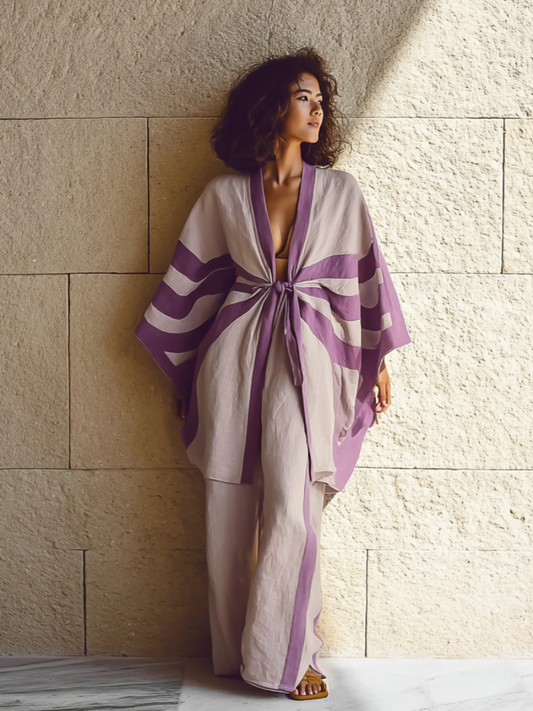 Kimono Twilight Stripe Linen Tie-strap Top and trousers Two Piece Set