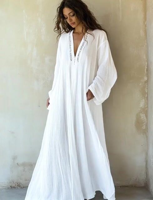 Women's White Art Linen V Neck Robe