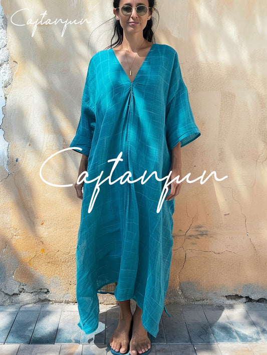 Pure Linen Blue V-neck Loose Kaftan