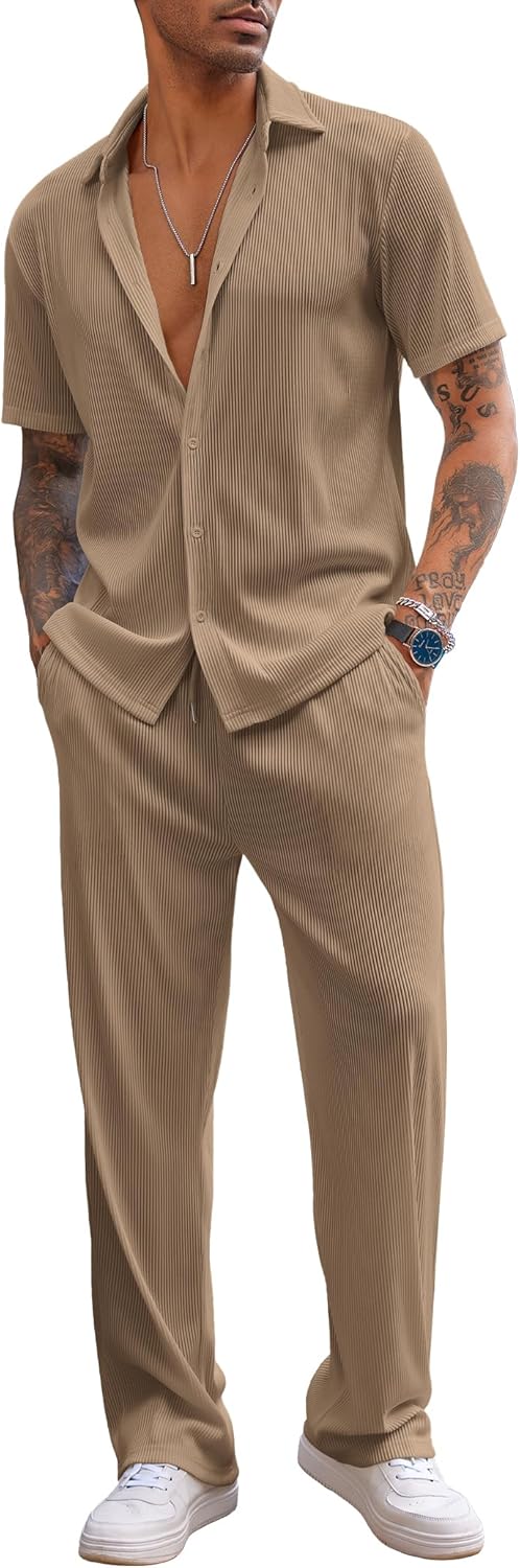 Men's 2 Piece Outfit Casual Short Sleeve Button Down Shirt Beach Summer Loose Pant Sets