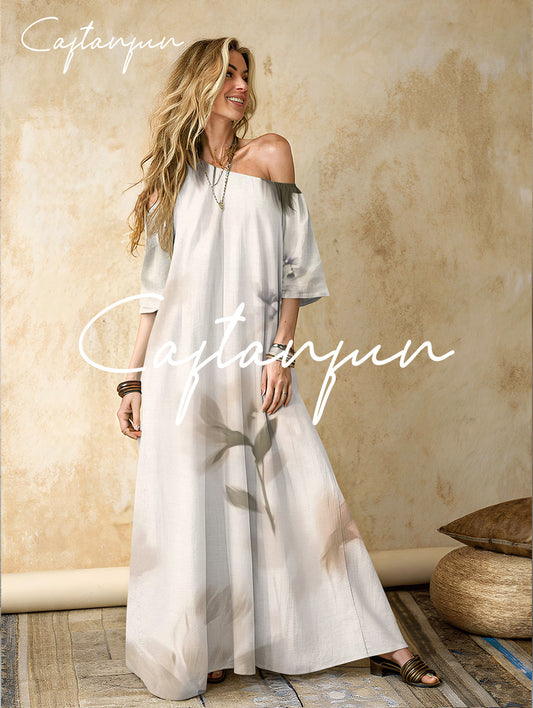 Women's floral cotton and linen one-shoulder long dress