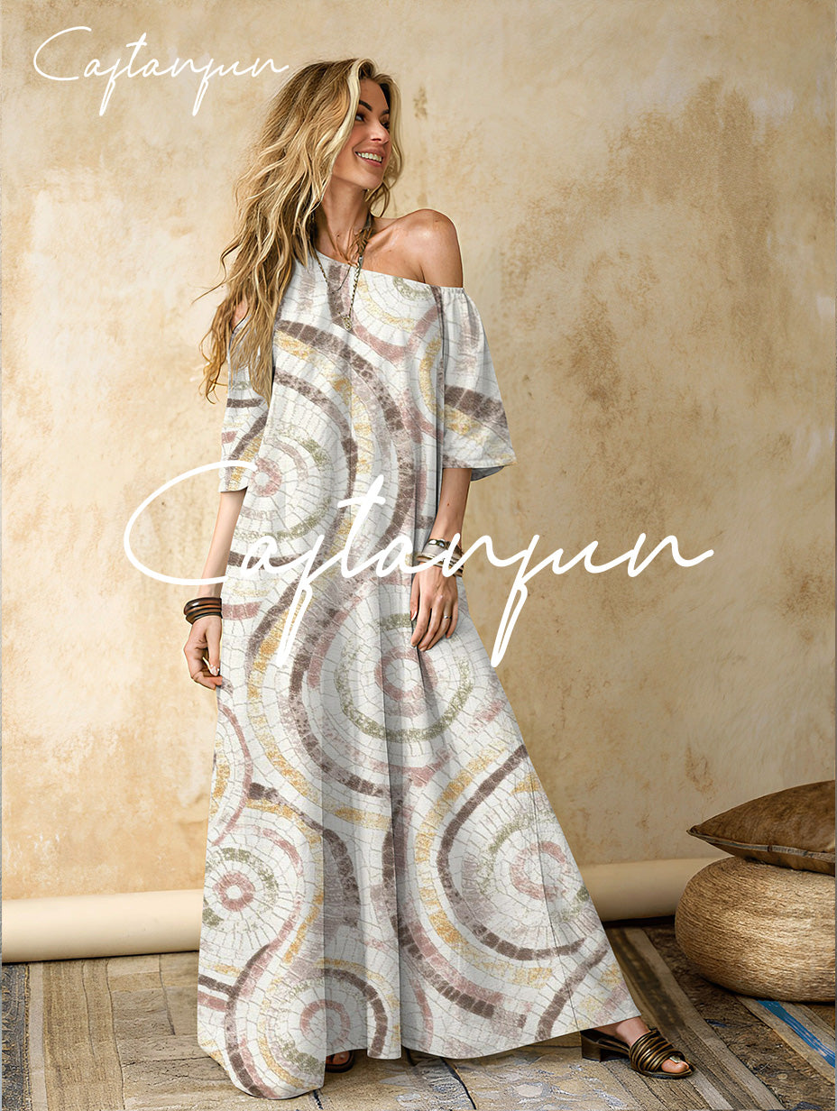 Women's Abstract Pattern Cotton and Linen Off-Shoulder Maxi Dress