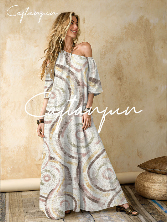 Women's Abstract Pattern Cotton and Linen Off-Shoulder Maxi Dress