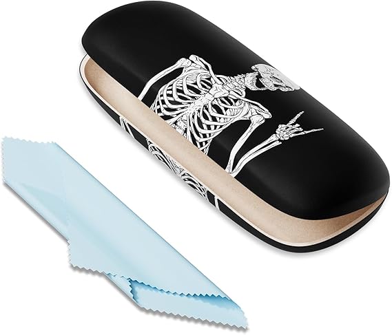 Hard Shell Glasses Case with Skeleton Design – Black Metal Eyewear Storage Box with Soft Lining, Magnetic Closure, Fits Reading Glasses & Sunglasses
