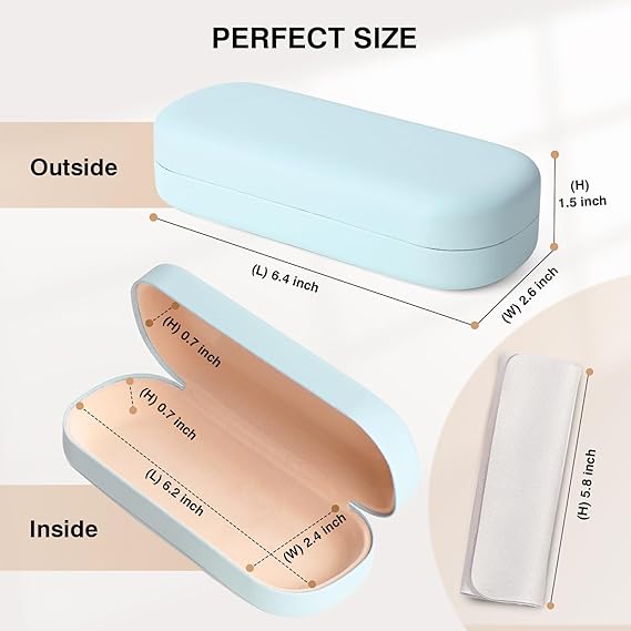 Minimalist Blue Hard Shell Glasses Case – Protective Eyewear Box with Cleaning Cloth (6.4x2.6x1.5 Inches)