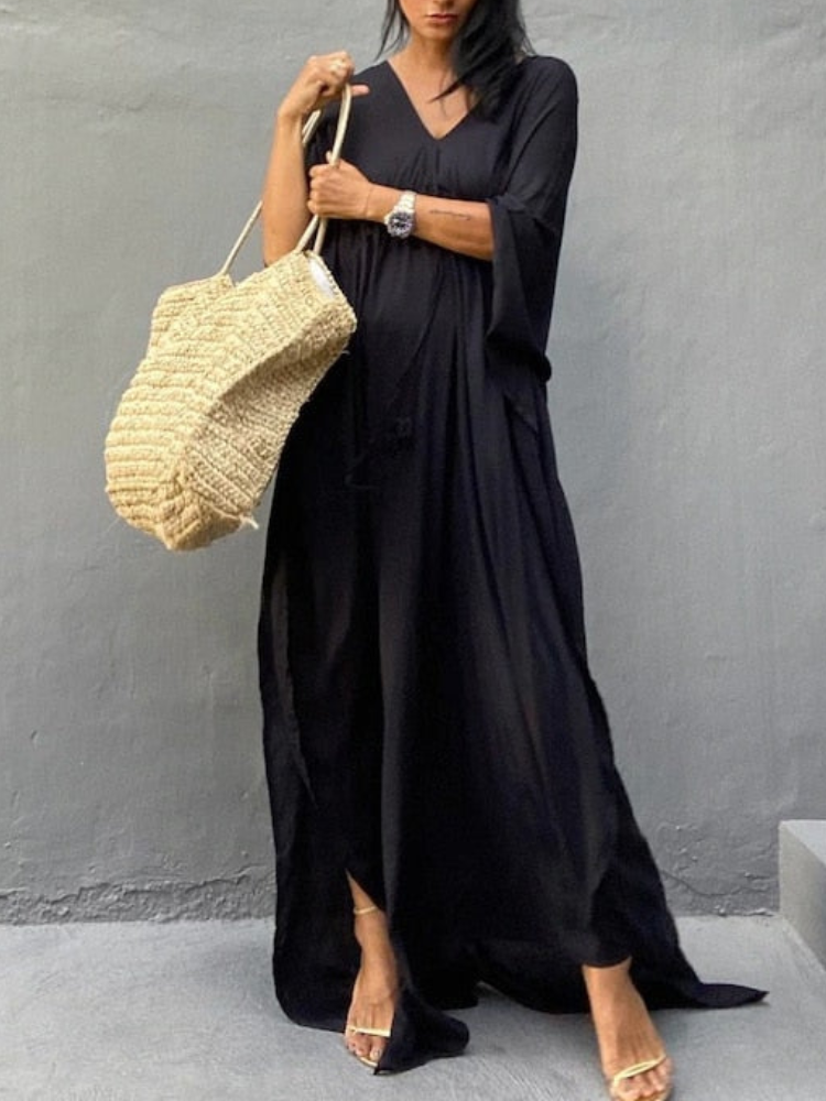 Womens V Neck Long Sleeve Solid Pattern Kaftan Maxidress