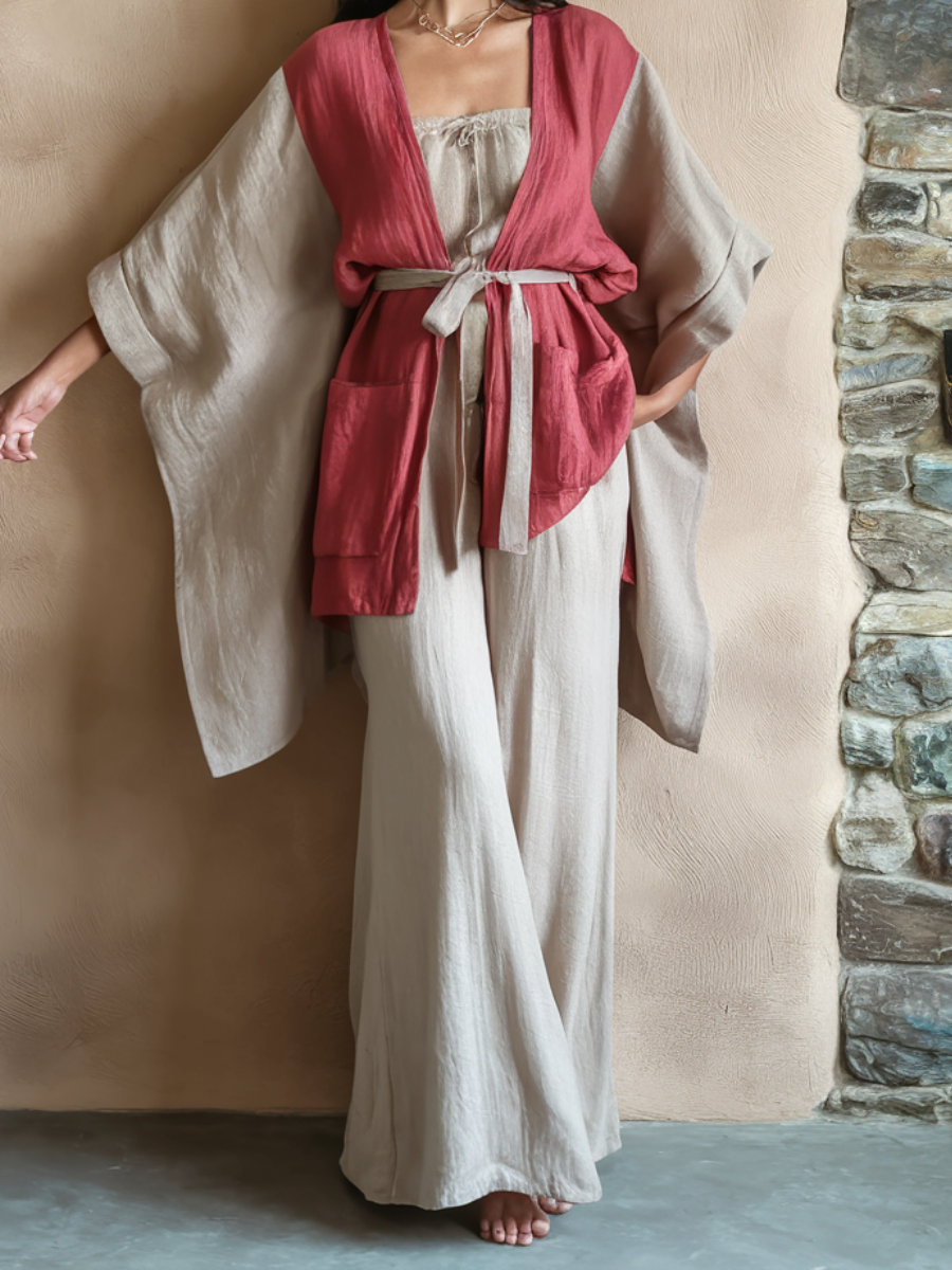 Kimono Torii Dawn Linen Tie-strap Top and trousers Two Piece Set