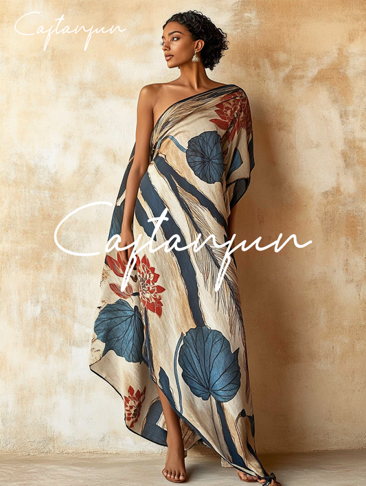 One-shoulder Blue Lotus Leaf Flower Art Flowing Cotton And Linen Kaftan