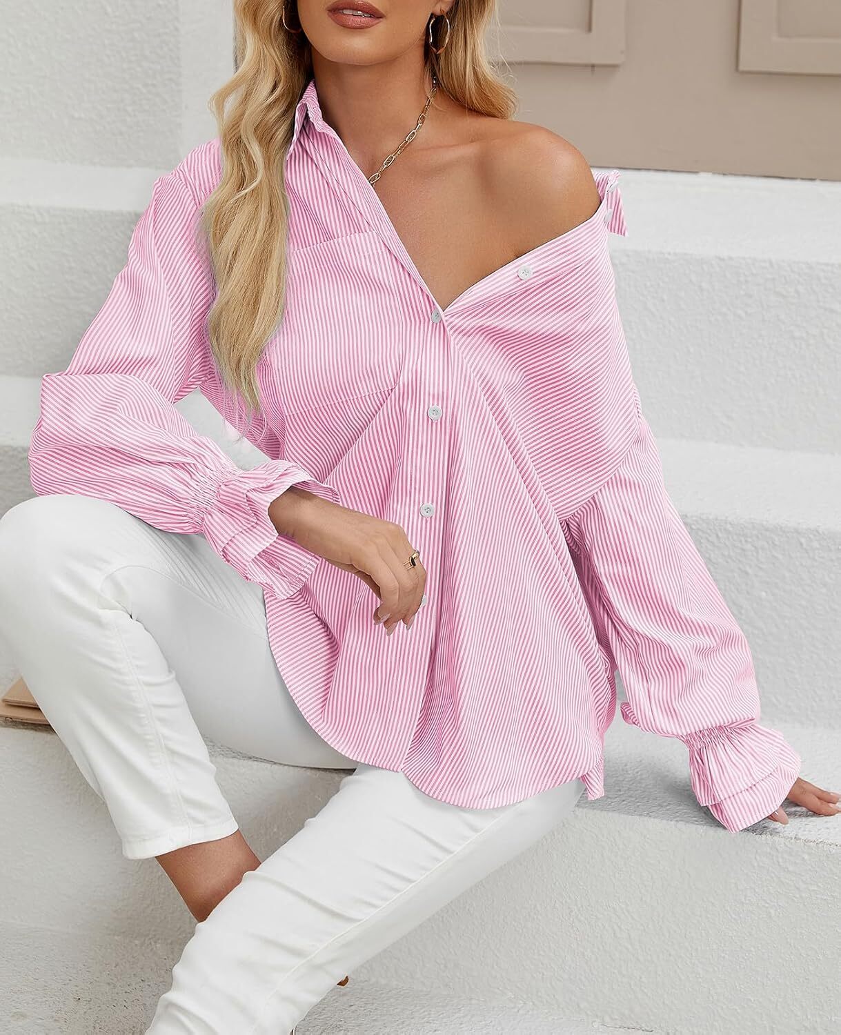 Women's Striped Button Down Shirts Smocked Cuffed Boyfriend Shirt Long Sleeve Blouse Top with 3 Pockets