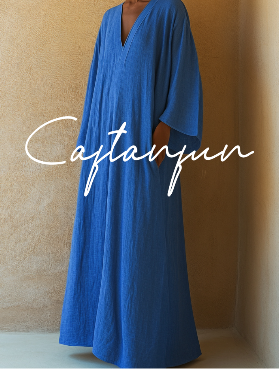 Pure Linen Navy V-neck Loose Kaftan