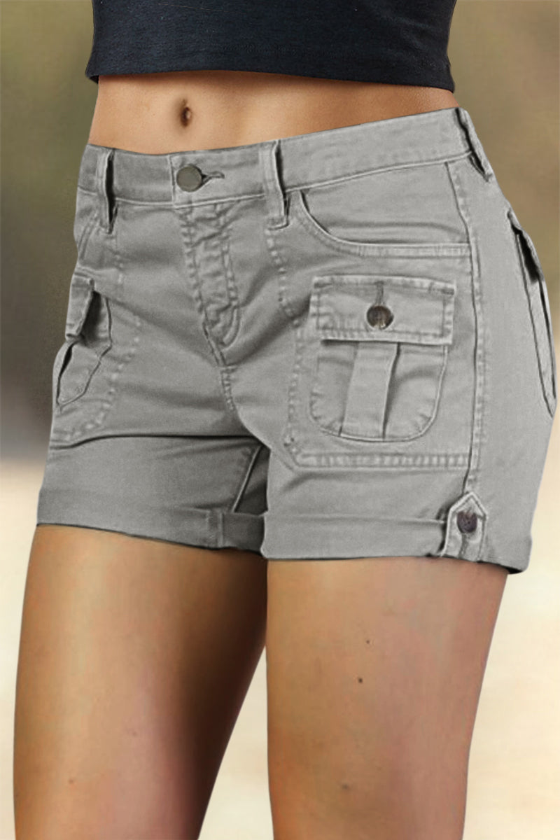 Flap Pocket Roll Tab Hem Mid Waist Shorts
