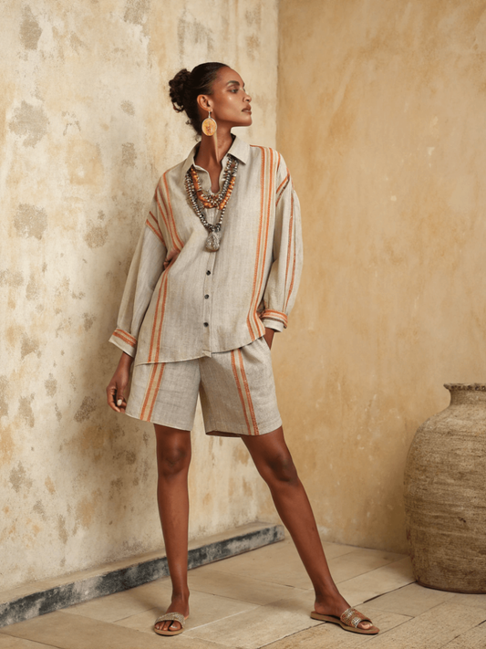 Cotton and linen women's shirt and shorts set