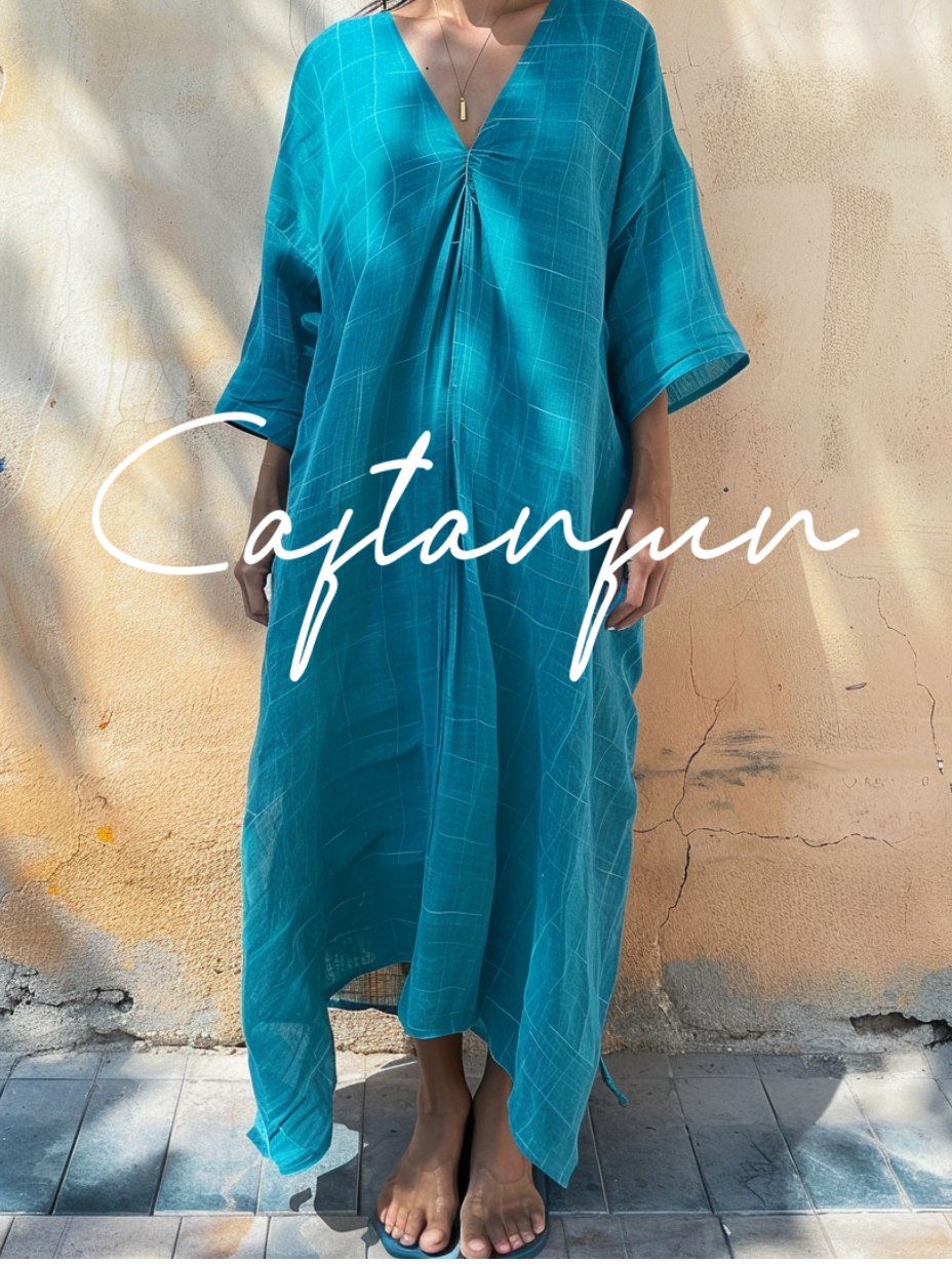 Pure Linen Blue V-neck Loose Kaftan