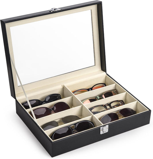 12-Slot Glass Top Eyewear Organizer – PU Leather Sunglasses Display Box with Lock, Large Capacity Storage Case