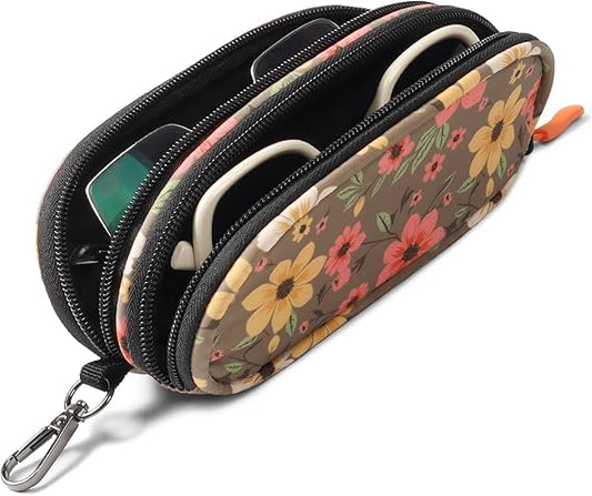 Double Zipper Floral Glasses Case – Portable Sunglasses Storage Pouch with Dual Compartments (7x3x2 inches)