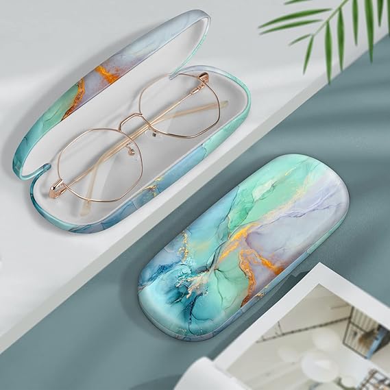 Elegant Marble Hard Shell Glasses Case – Metal Eyewear Storage Box with Soft Velvet Lining | Travel-Friendly Protective Case for Sunglasses, Reading Glasses, and Kids Eyewear