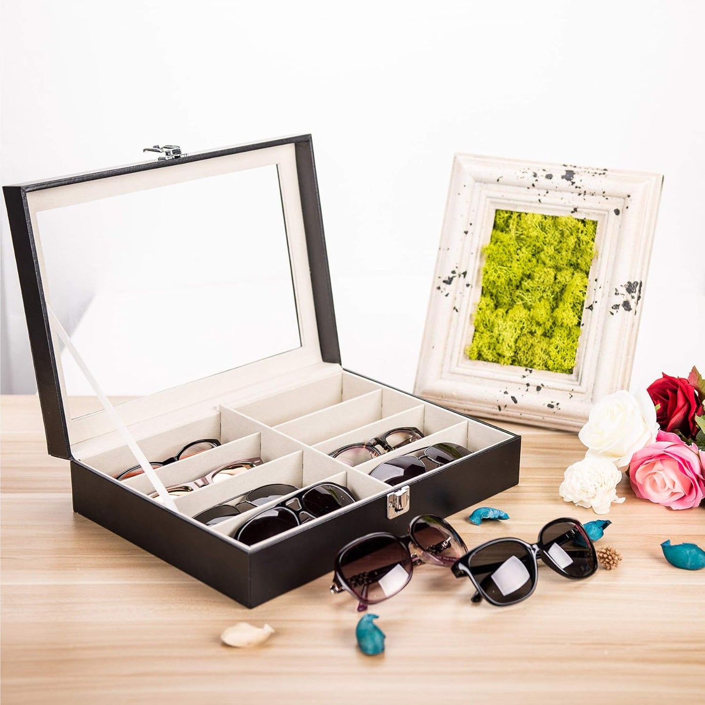 12-Slot Glass Top Eyewear Organizer – PU Leather Sunglasses Display Box with Lock, Large Capacity Storage Case