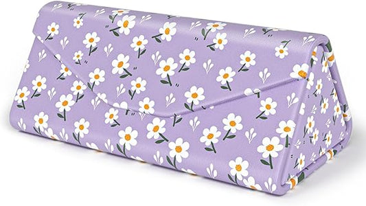 Purple Daisy Foldable Triangle Glasses Case – Magnetic Closure PU Leather Hard Shell Eyewear Box, Cute Portable Protective Case for Sunglasses or Eyeglasses