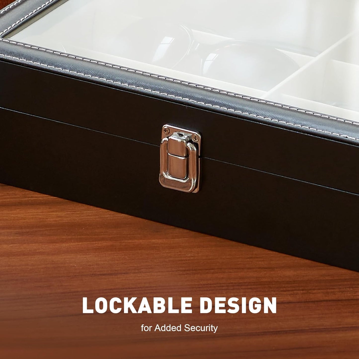 12-Slot Glass Top Eyewear Organizer – PU Leather Sunglasses Display Box with Lock, Large Capacity Storage Case