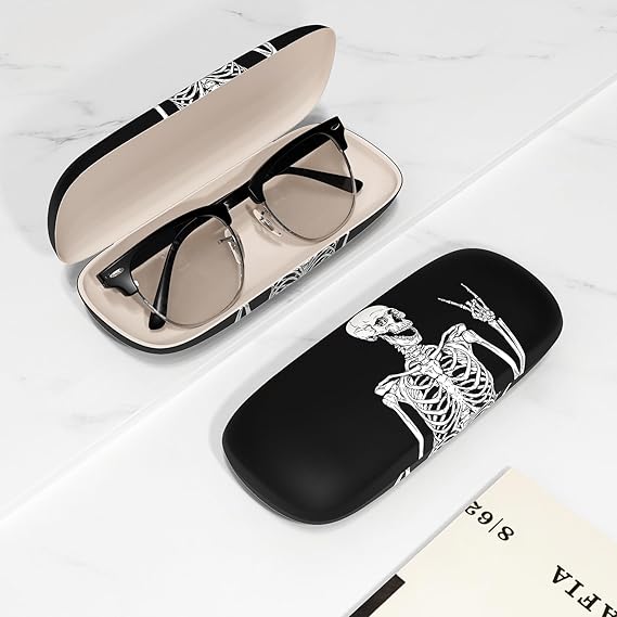 Hard Shell Glasses Case with Skeleton Design – Black Metal Eyewear Storage Box with Soft Lining, Magnetic Closure, Fits Reading Glasses & Sunglasses