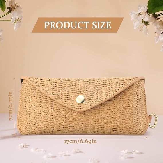 Woven Rattan-Style Glasses Case – Lightweight Portable Sunglass Pouch with Snap Button & Metal Hook, Vacation-Style Straw Eyewear Holder for Women