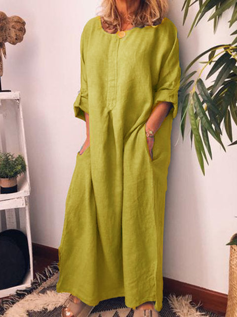 Cotton And Linen Solid Color Loose Kaftan Maxidress