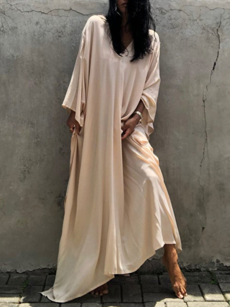 Womens V Neck Long Sleeve Solid Pattern Kaftan Maxidress