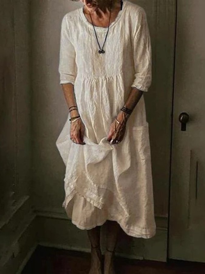 Womens Casual Round Neck Linen Solid Long Maxidress