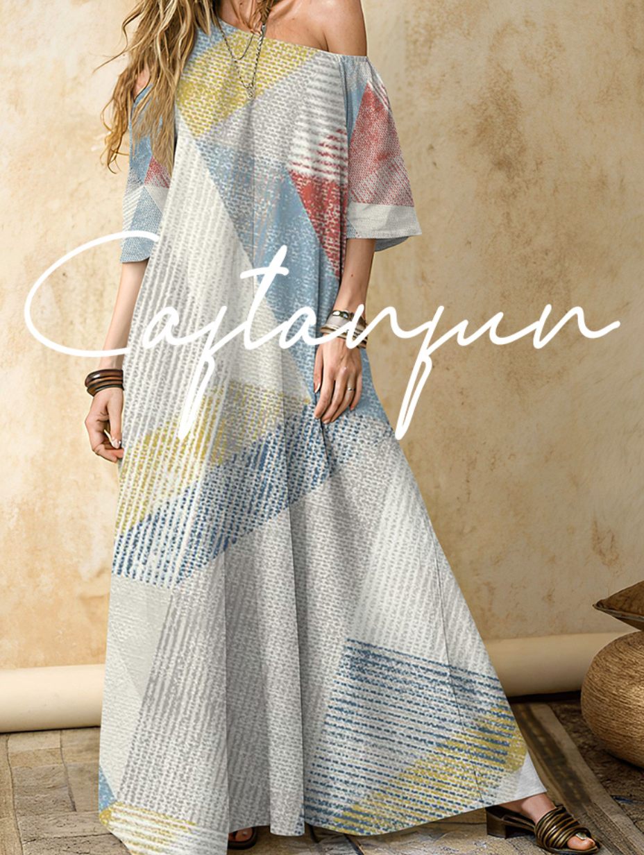 Women's geometric pattern cotton and linen one-shoulder long skirt