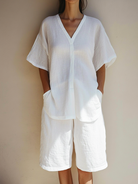 Cotton And Linen Women's V-neck Top And Five Length Pants Set