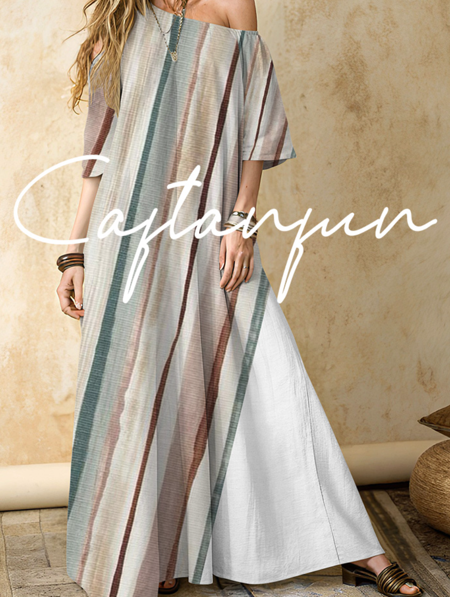 Women's striped cotton and linen one-shoulder long skirt