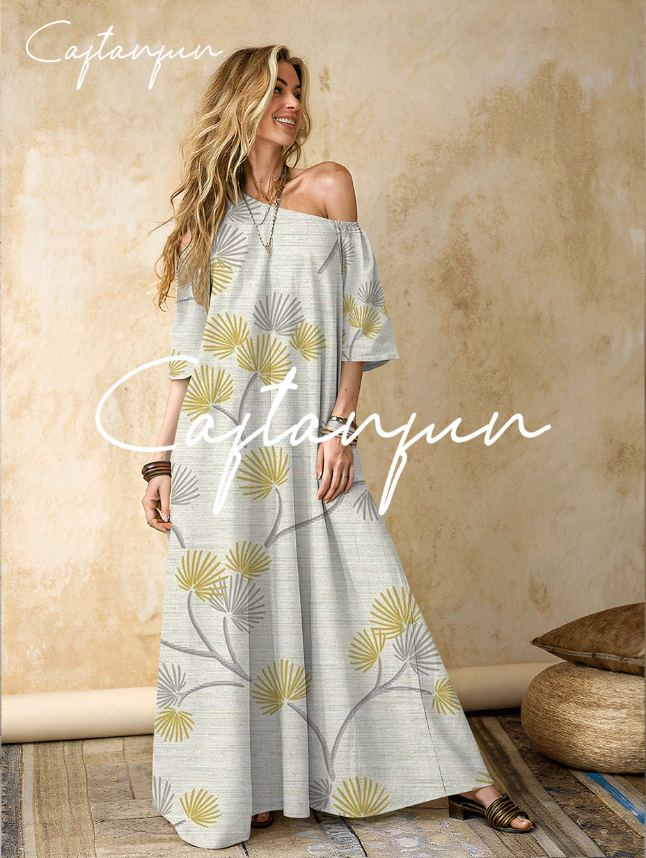 Women's floral cotton and linen one-shoulder long dress