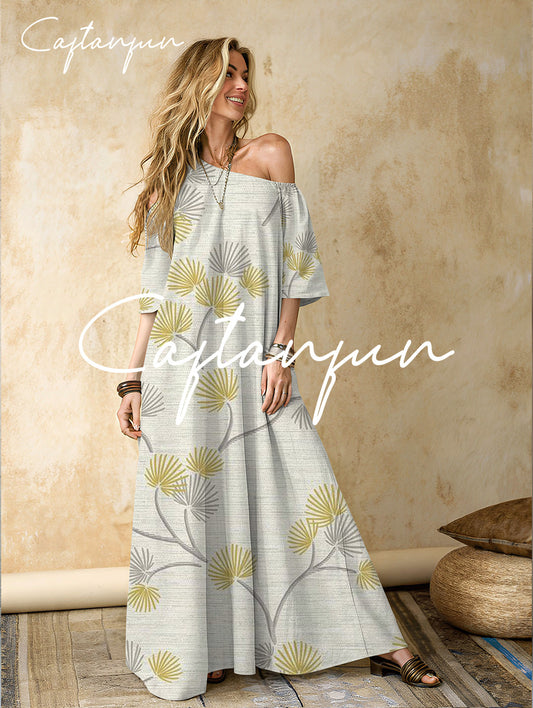 Women's floral cotton and linen one-shoulder long dress