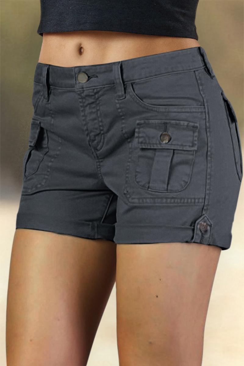 Flap Pocket Roll Tab Hem Mid Waist Shorts