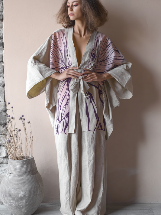 Kimono Pale Moon Linen Tie-strap Top and trousers Two Piece Set