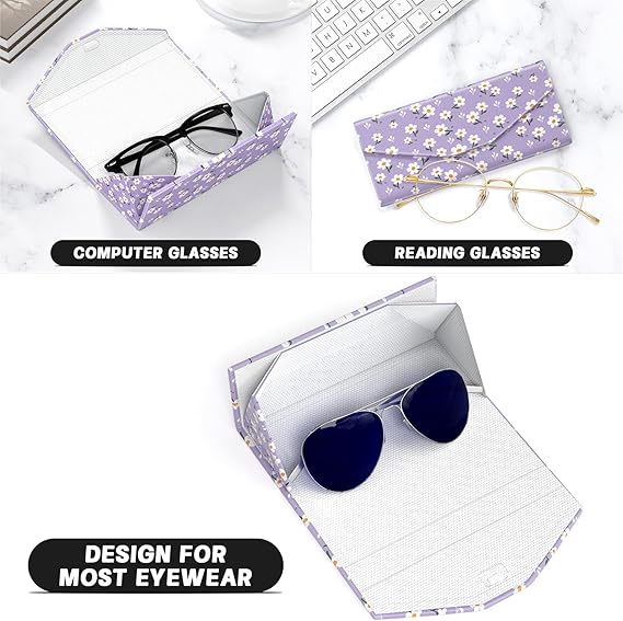 Purple Daisy Foldable Triangle Glasses Case – Magnetic Closure PU Leather Hard Shell Eyewear Box, Cute Portable Protective Case for Sunglasses or Eyeglasses