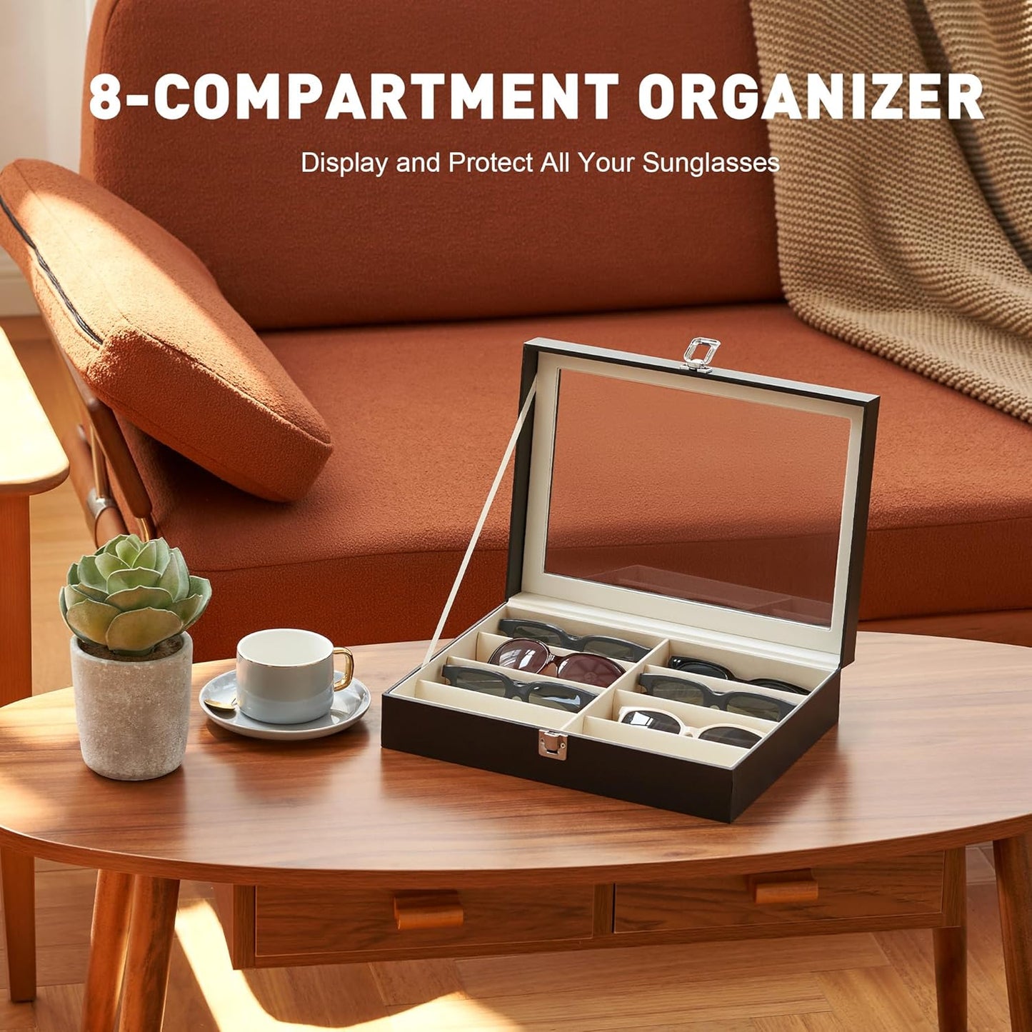 12-Slot Glass Top Eyewear Organizer – PU Leather Sunglasses Display Box with Lock, Large Capacity Storage Case
