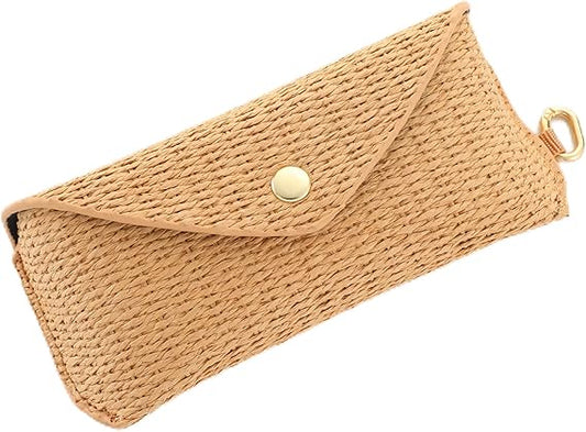 Woven Rattan-Style Glasses Case – Lightweight Portable Sunglass Pouch with Snap Button & Metal Hook, Vacation-Style Straw Eyewear Holder for Women