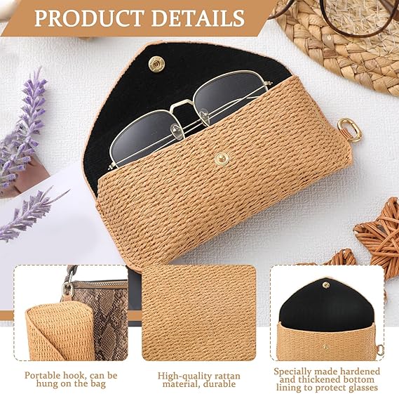 Woven Rattan-Style Glasses Case – Lightweight Portable Sunglass Pouch with Snap Button & Metal Hook, Vacation-Style Straw Eyewear Holder for Women