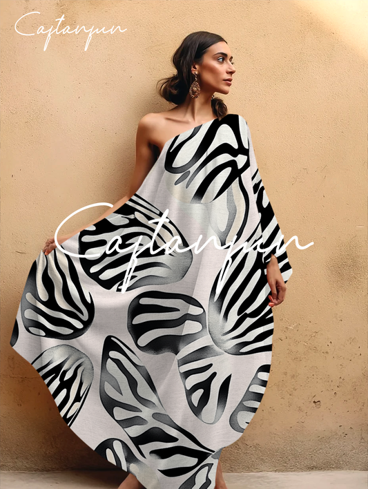 One-shoulder Abstract Butterfly Art Flowing Cotton And Linen Kaftan