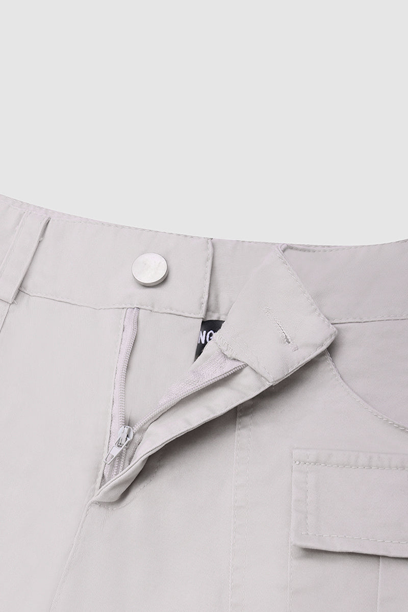Flap Pocket Roll Tab Hem Mid Waist Shorts
