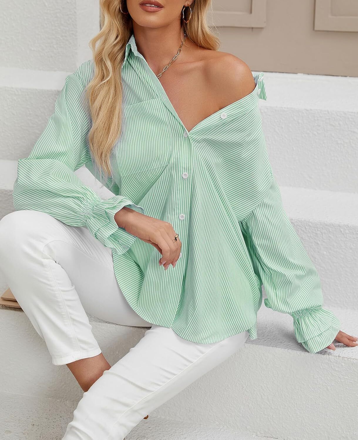 Women's Striped Button Down Shirts Smocked Cuffed Boyfriend Shirt Long Sleeve Blouse Top with 3 Pockets