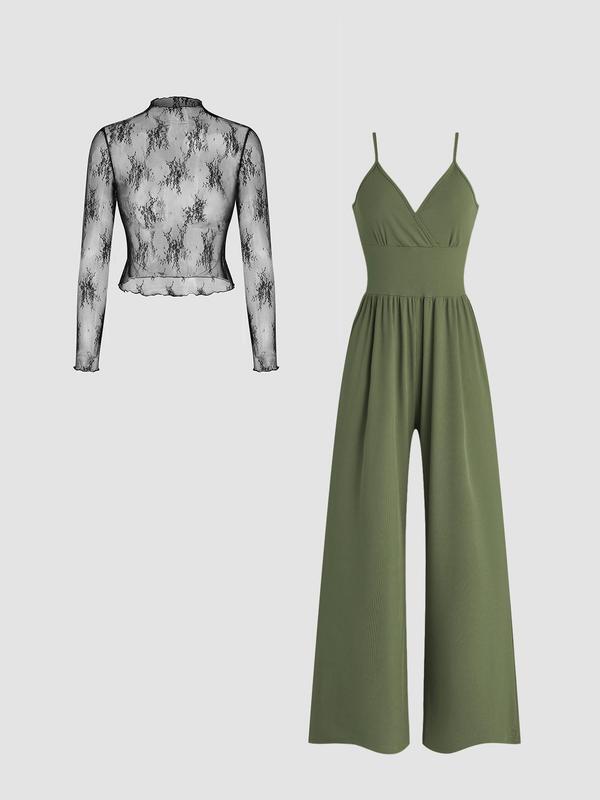 🎉Hot selling items-Women's solid color lace t-shirt and pocket jumpsuit two-piece set