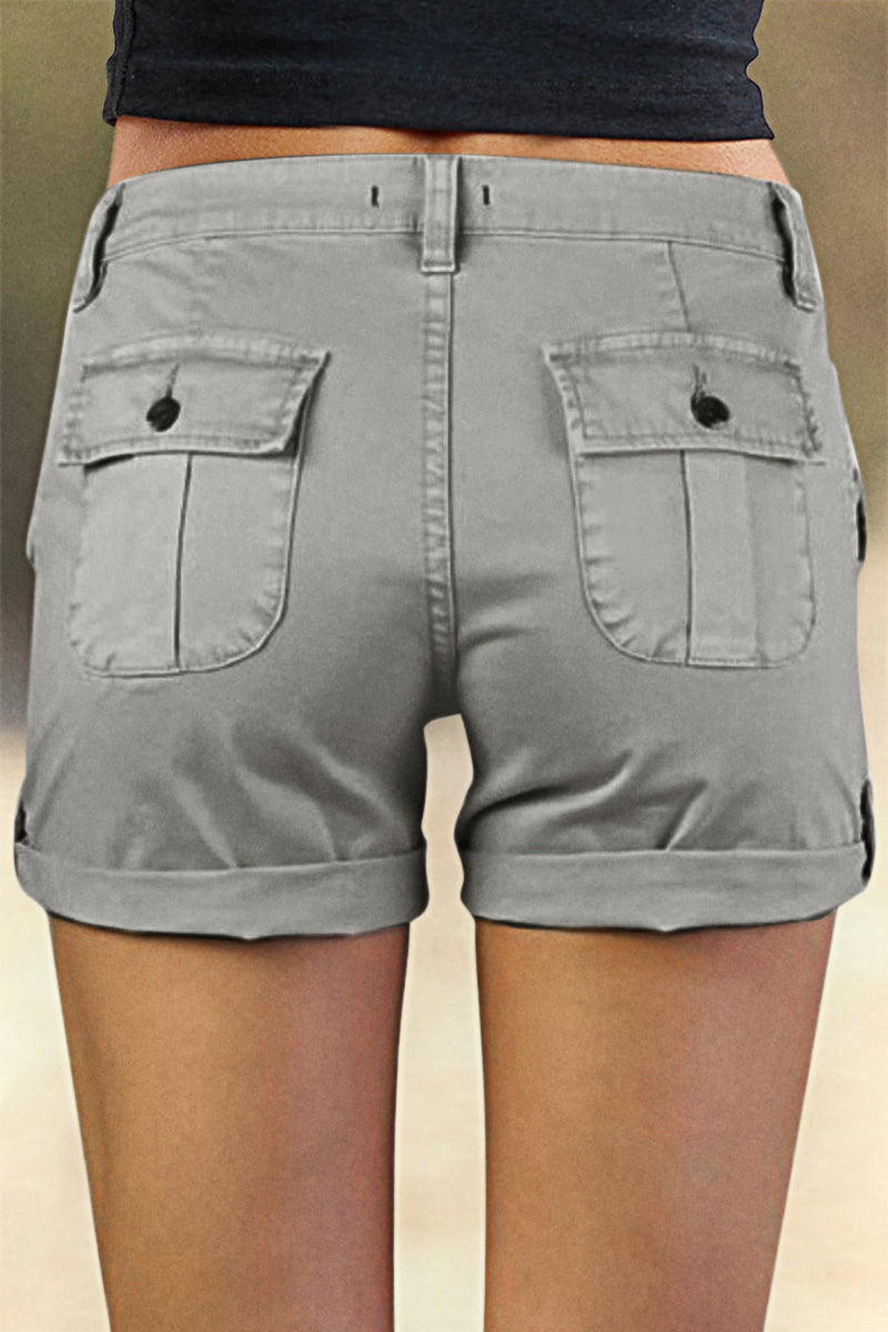 Flap Pocket Roll Tab Hem Mid Waist Shorts