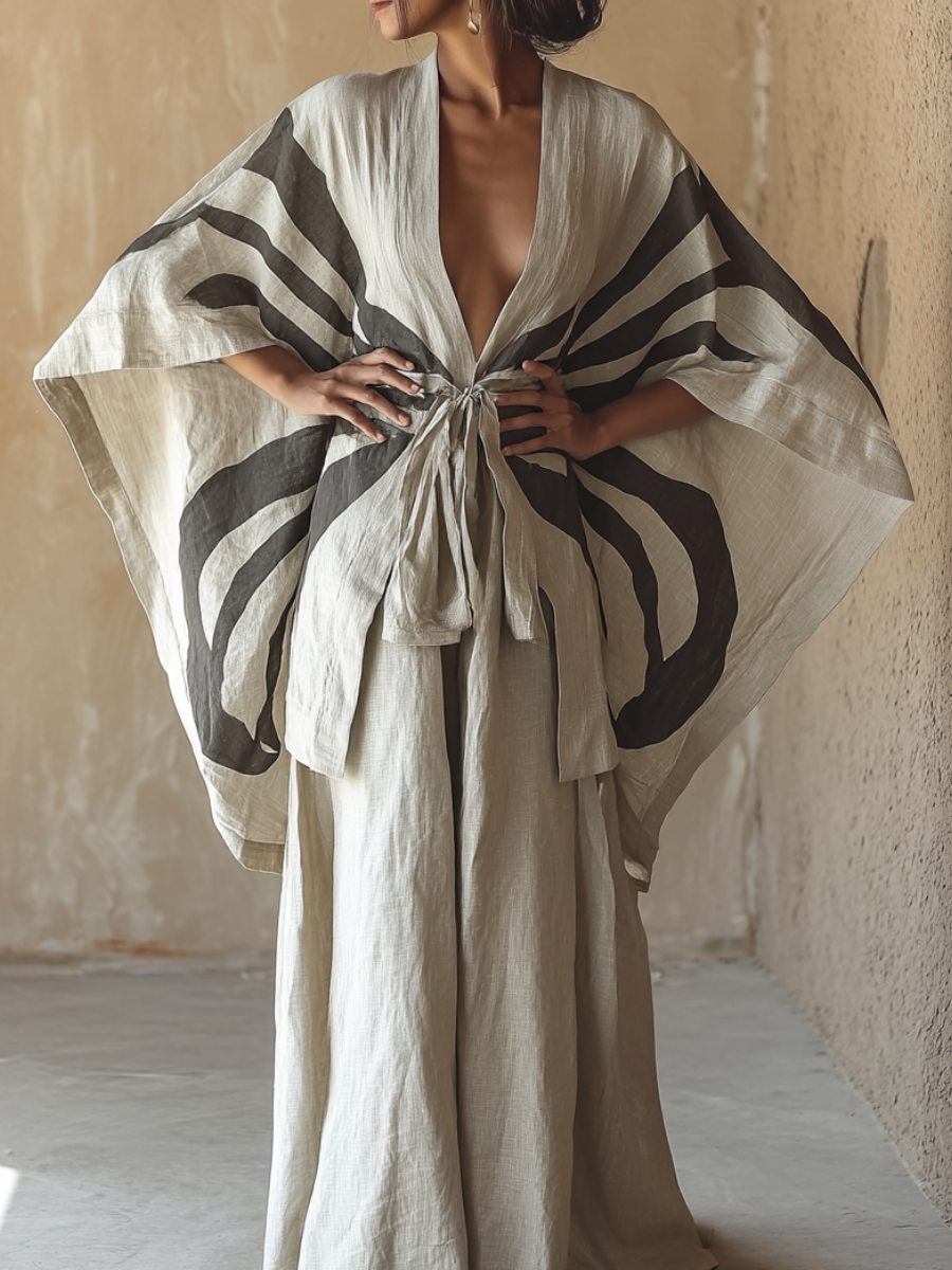 Kimono Shadow Play Linen Tie-strap Top and trousers Two Piece Set